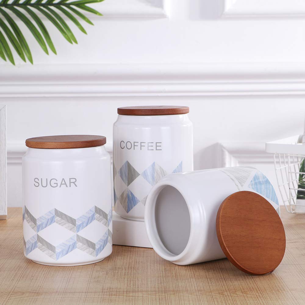 3-Piece Blue Patterned Canister Set – Tea, Coffee & Sugar