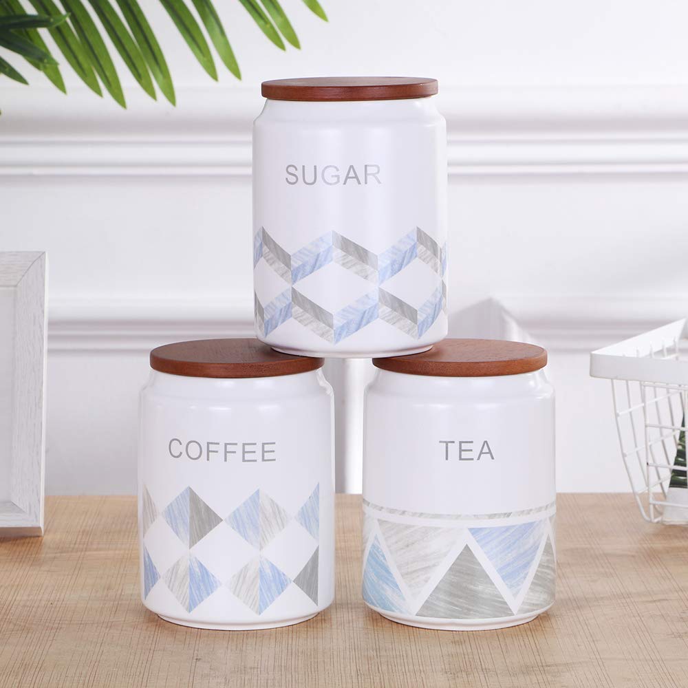 3-Piece Blue Patterned Canister Set – Tea, Coffee & Sugar