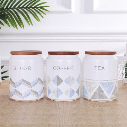 3-Piece Blue Patterned Canister Set – Tea, Coffee & Sugar