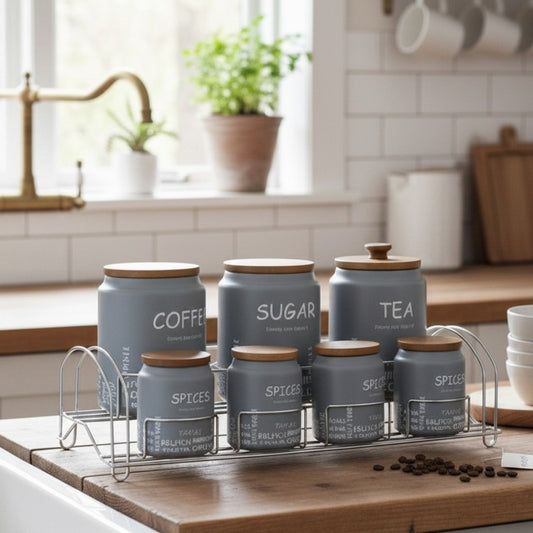 7-Piece Matte Grey Canister Set with Rack