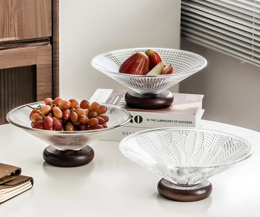 Ribbed Glass Serving Bowl with Wooden Base