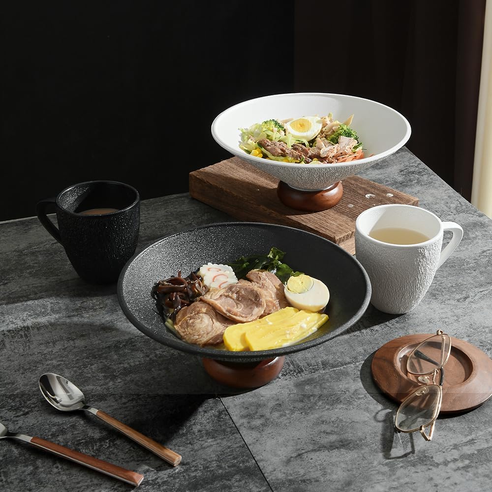 Modern Textured Ceramic Bowls with Wooden Base