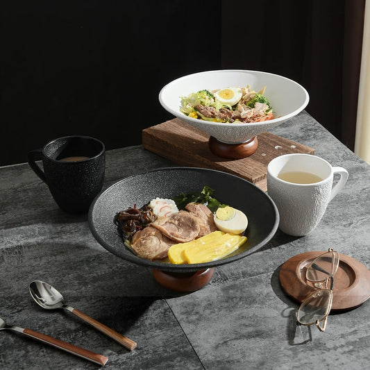 Modern Textured Ceramic Bowls with Wooden Base