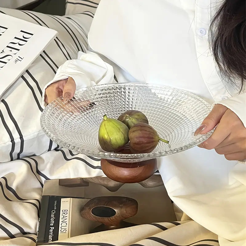 Ribbed Glass Serving Bowl with Wooden Base