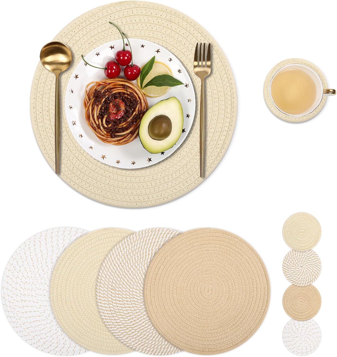 Woven Round Placemats – Beige & White Zigzag