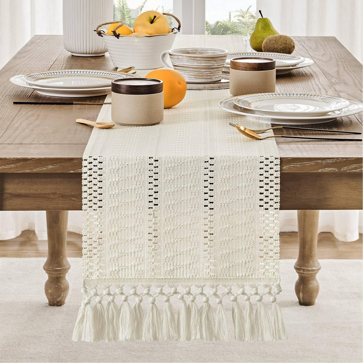 Boho Macramé-Inspired Cotton Table Runner with Tassels