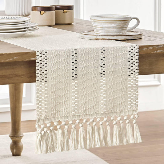 Boho Macramé-Inspired Cotton Table Runner with Tassels