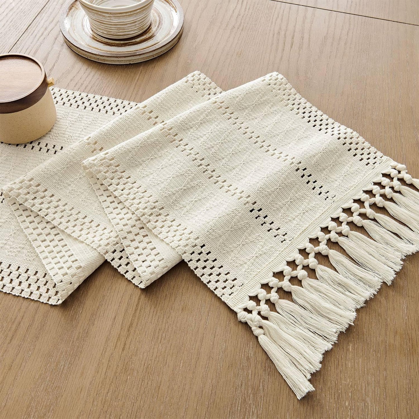 Boho Macramé-Inspired Cotton Table Runner with Tassels