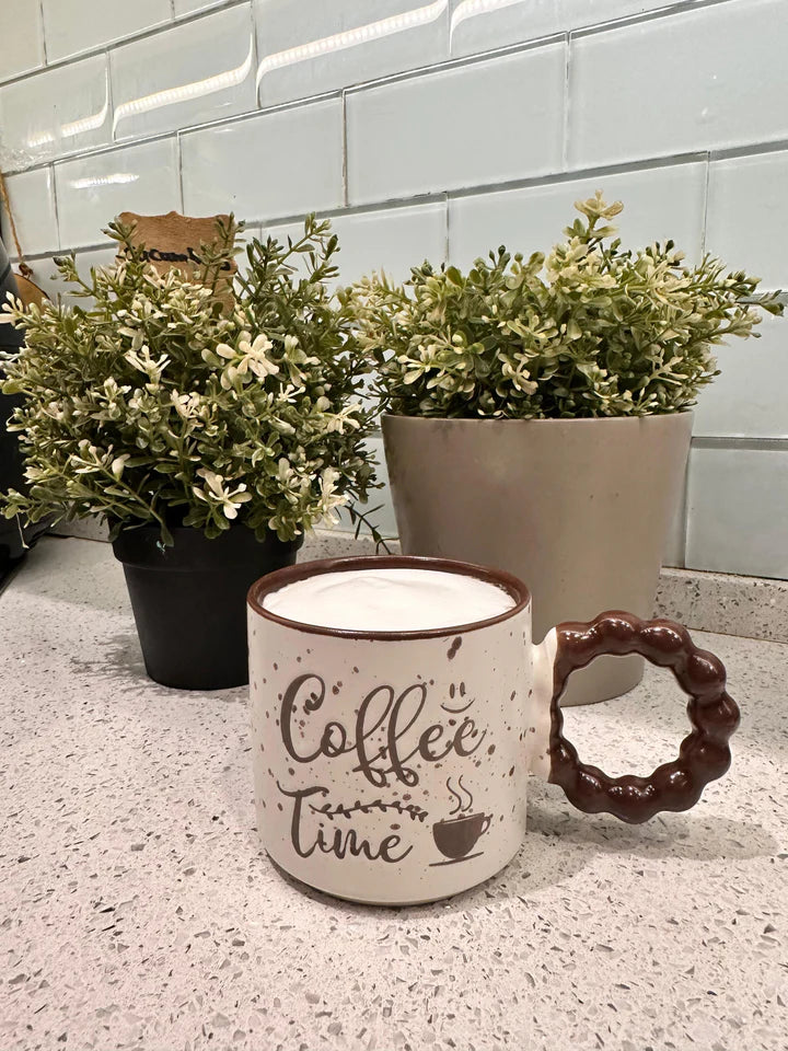 “Coffee Time” Speckled Ceramic Mugs with Bubble Handles