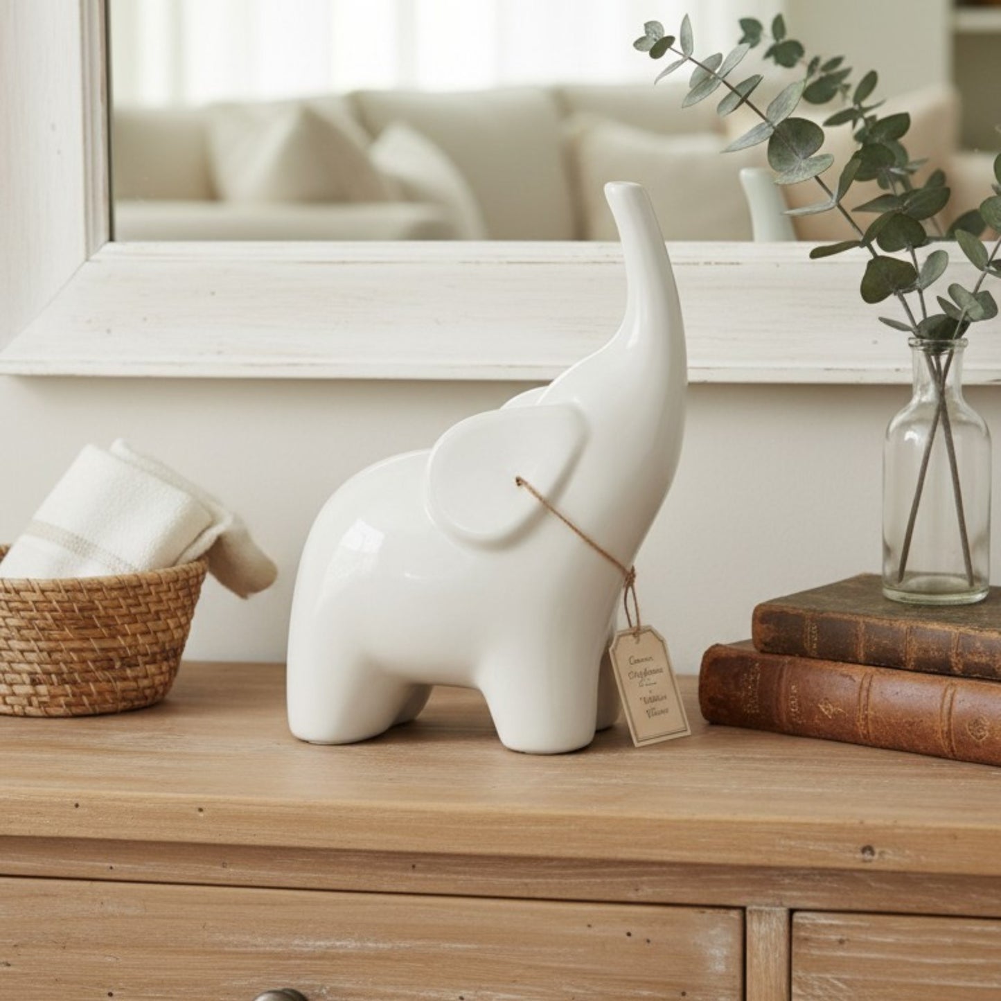 Ceramic Elephant Figurine – White Gloss Finish