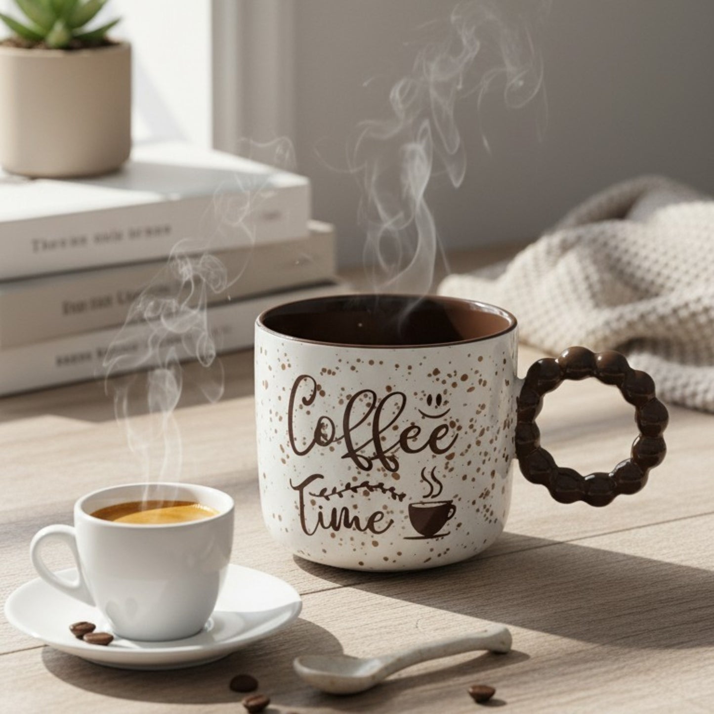 “Coffee Time” Speckled Ceramic Mugs with Bubble Handles