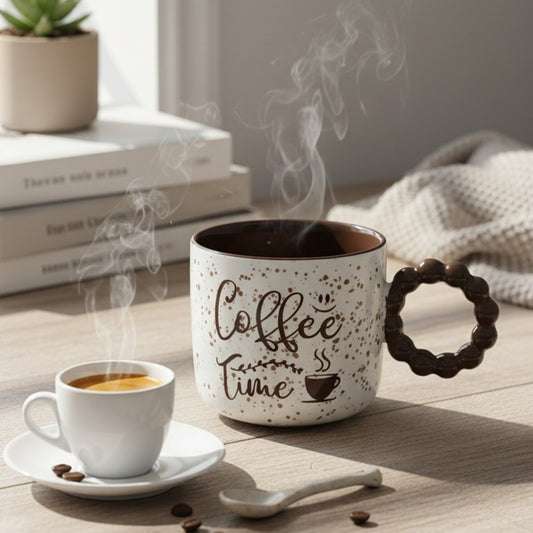 “Coffee Time” Speckled Ceramic Mugs with Bubble Handles