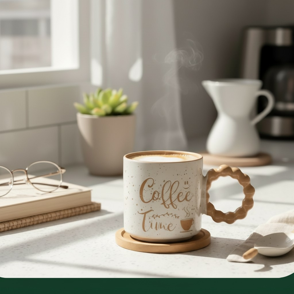 “Coffee Time” Speckled Ceramic Mugs with Bubble Handles