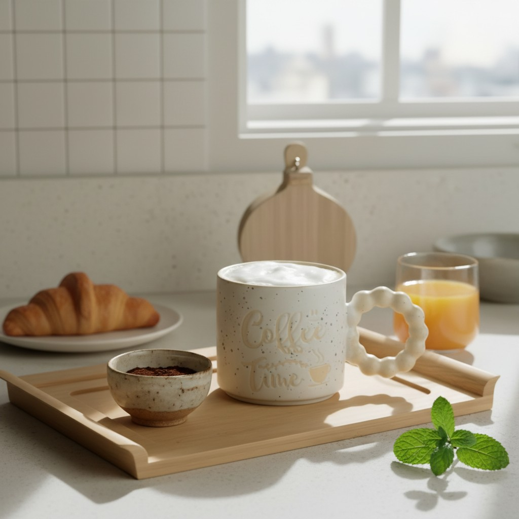 “Coffee Time” Speckled Ceramic Mugs with Bubble Handles