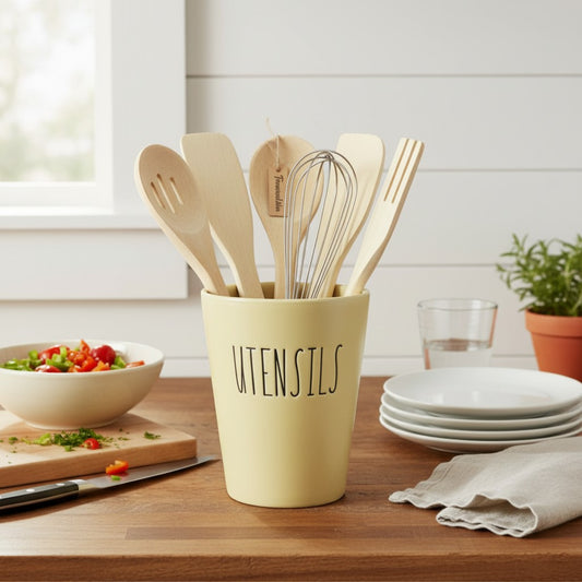 Cream Tapered Ceramic Utensil Holder – "Utensils" Print