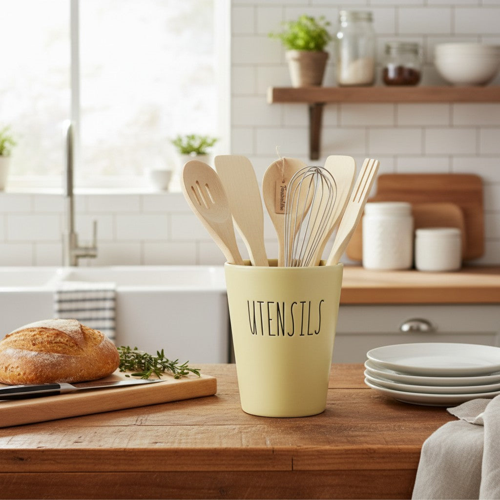 Cream Tapered Ceramic Utensil Holder – "Utensils" Print