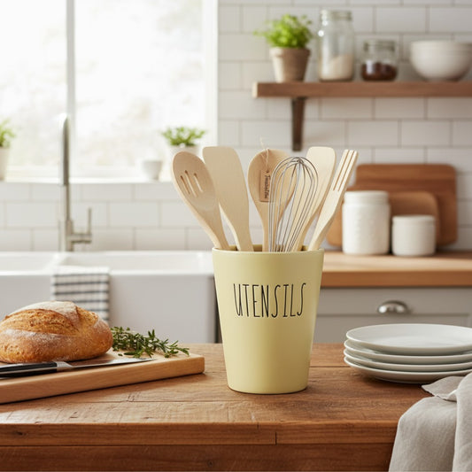 Cream Tapered Ceramic Utensil Holder – "Utensils" Print