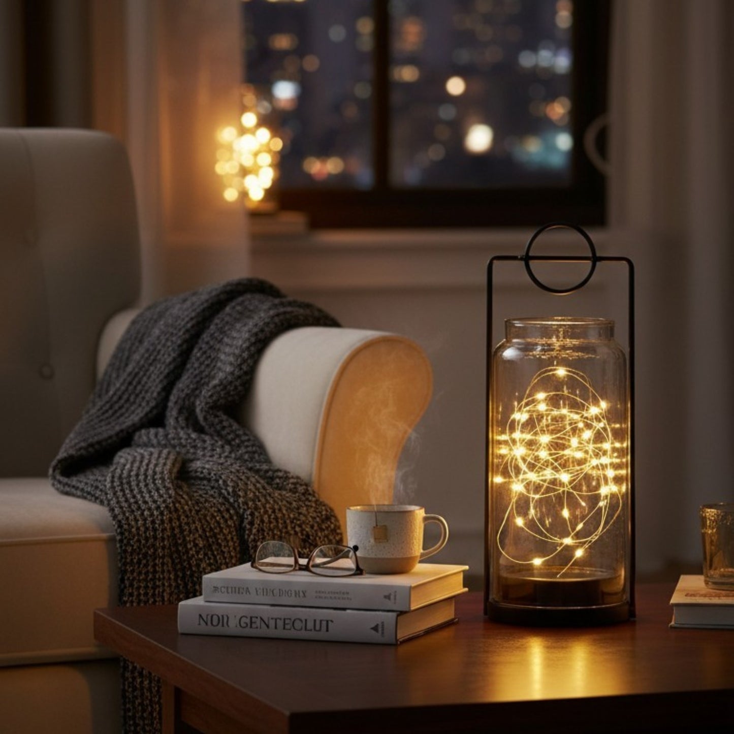 Decorative Glass Lantern with LED Fairy Lights