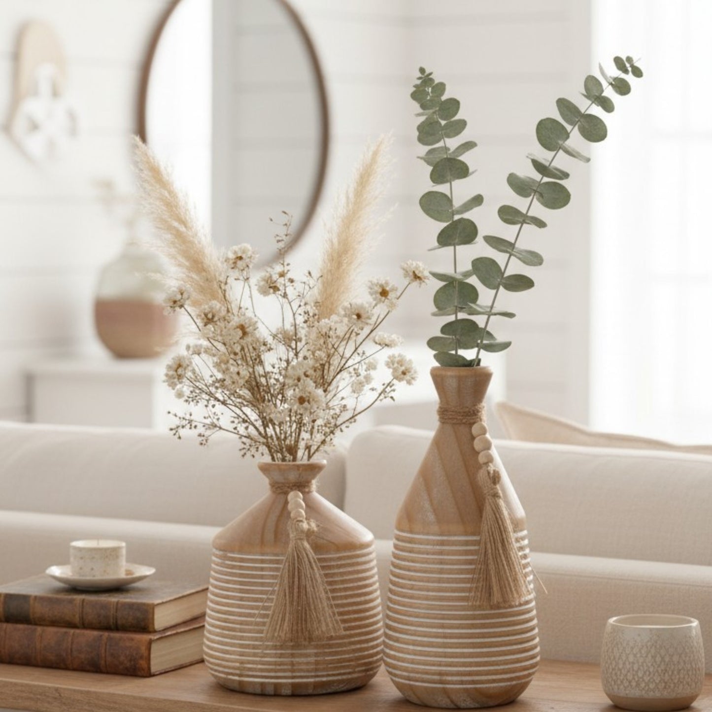 Decorative Wooden Vase Set with Beads and Tassels (11.5*11.5*23)