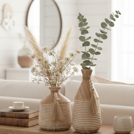 Decorative Wooden Vase Set with Beads and Tassels (15*15*18)