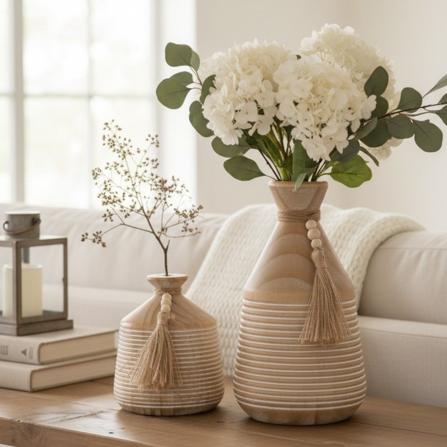 Decorative Wooden Vase Set with Beads and Tassels (15*15*18)