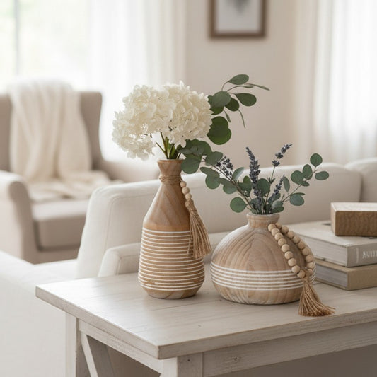 Decorative Wooden Vase Set with Beads and Tassels (18*18*14)