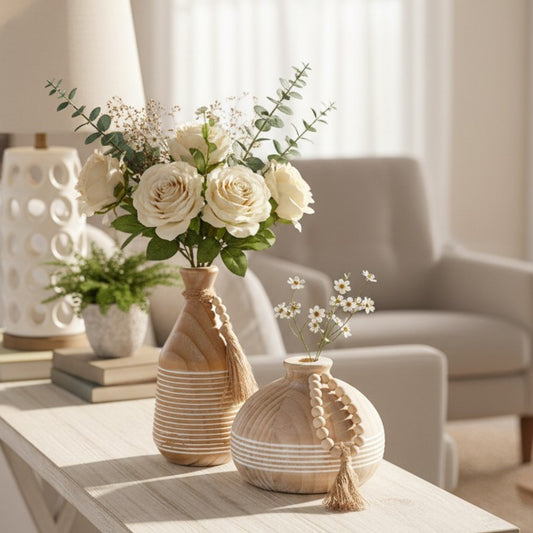 Decorative Wooden Vase Set with Beads and Tassels (18*18*14)