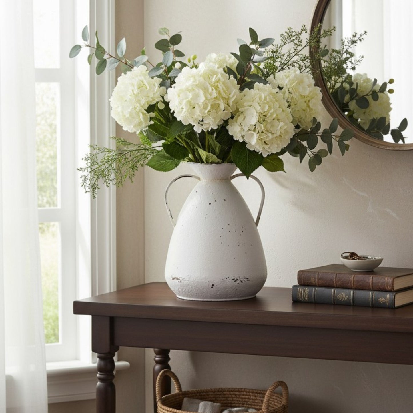 Distressed White Metal Jug Vase – Rustic Farmhouse Accent
