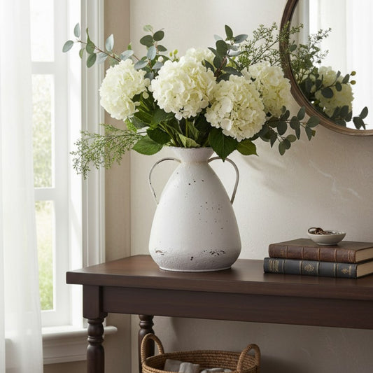 Distressed White Metal Jug Vase – Rustic Farmhouse Accent