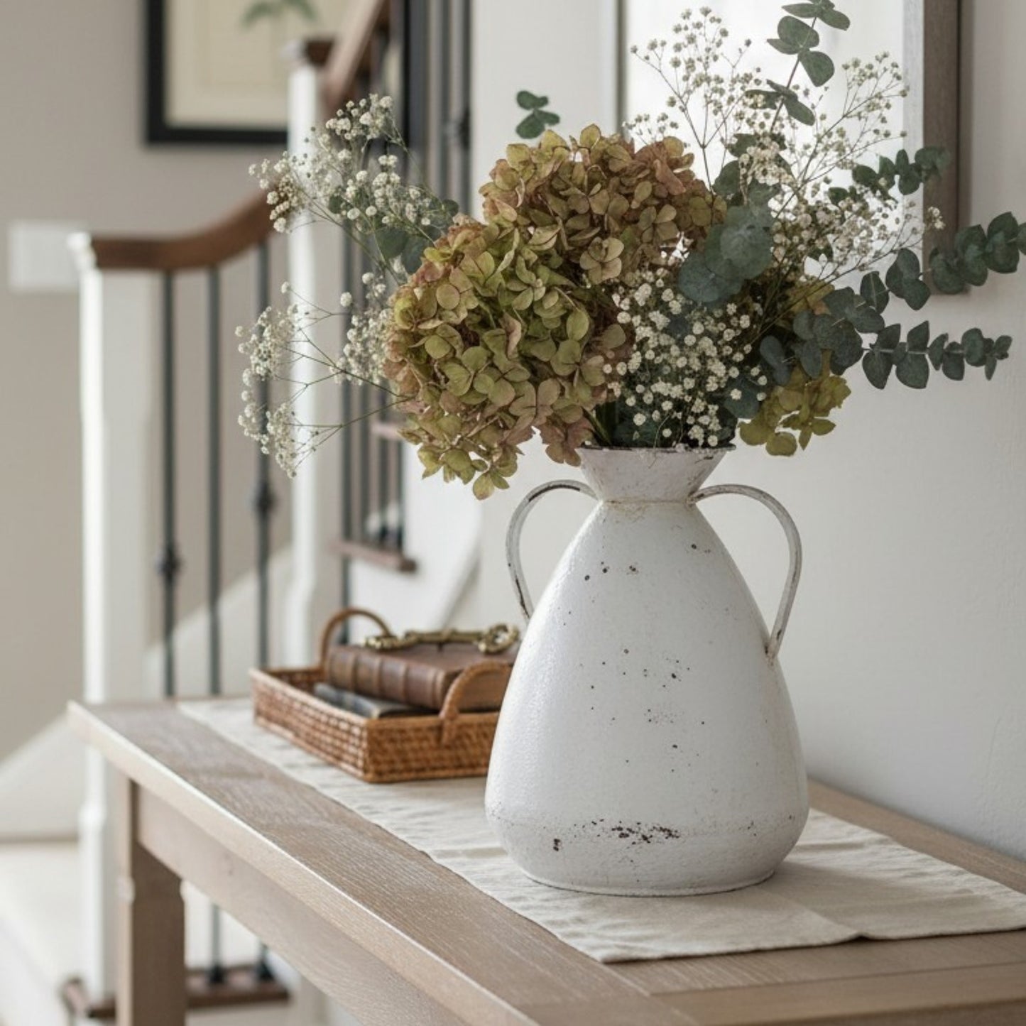 Distressed White Metal Jug Vase – Rustic Farmhouse Accent