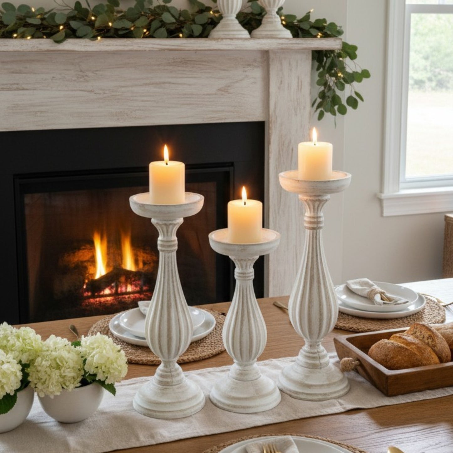 Distressed White Pillar Candle Holder - large size