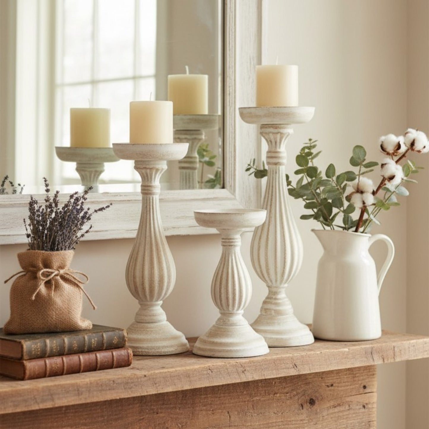 Distressed White Pillar Candle Holder - large size