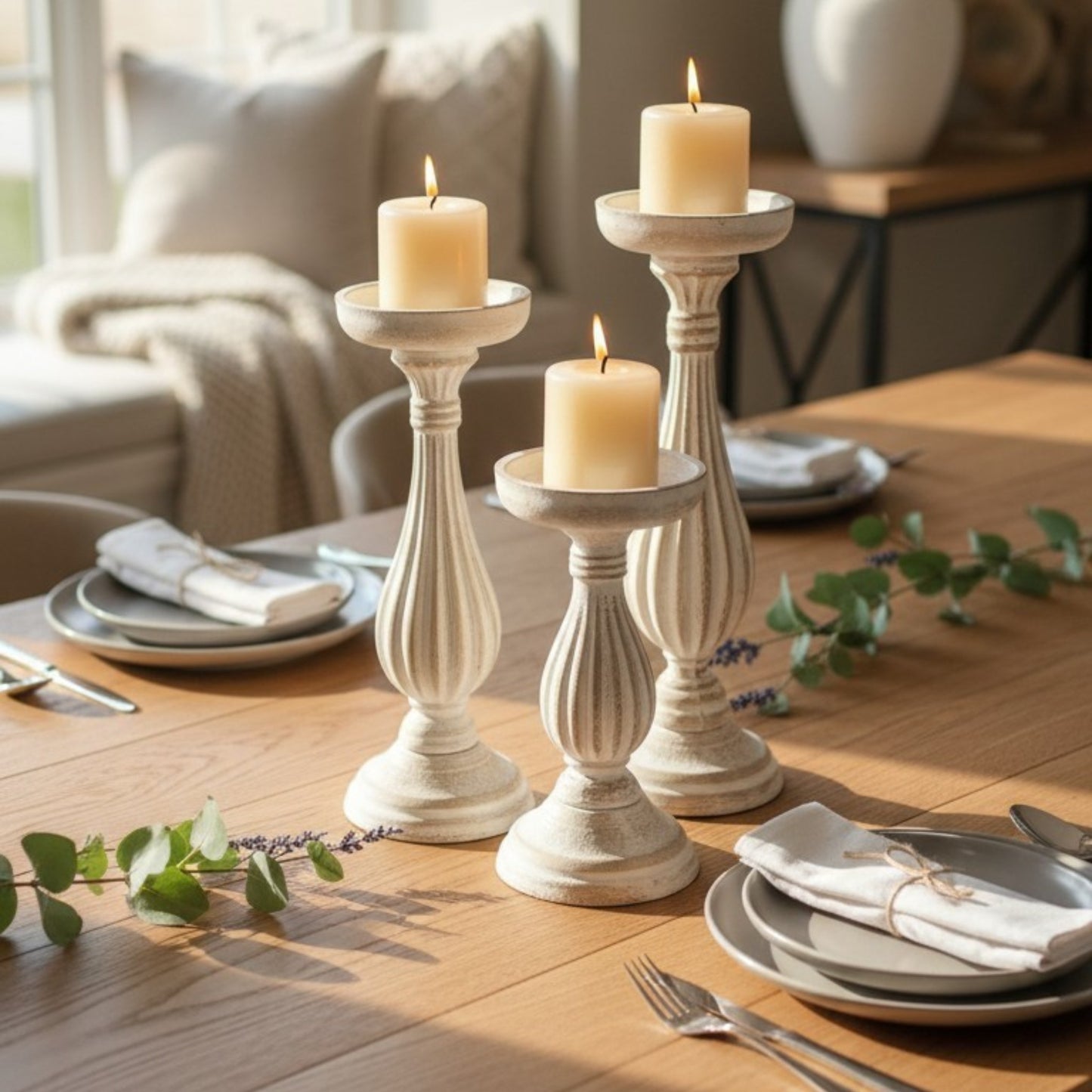 Distressed White Pillar Candle Holder - large size
