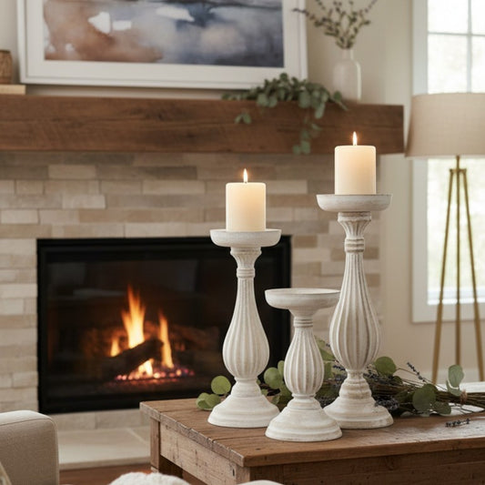 Distressed White Pillar Candle Holder - medium size