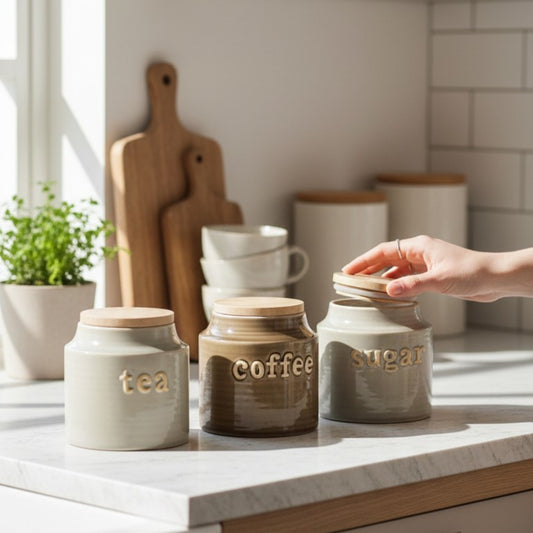 Embossed Ceramic Tea, Coffee & Sugar Canister Set (set of 3)