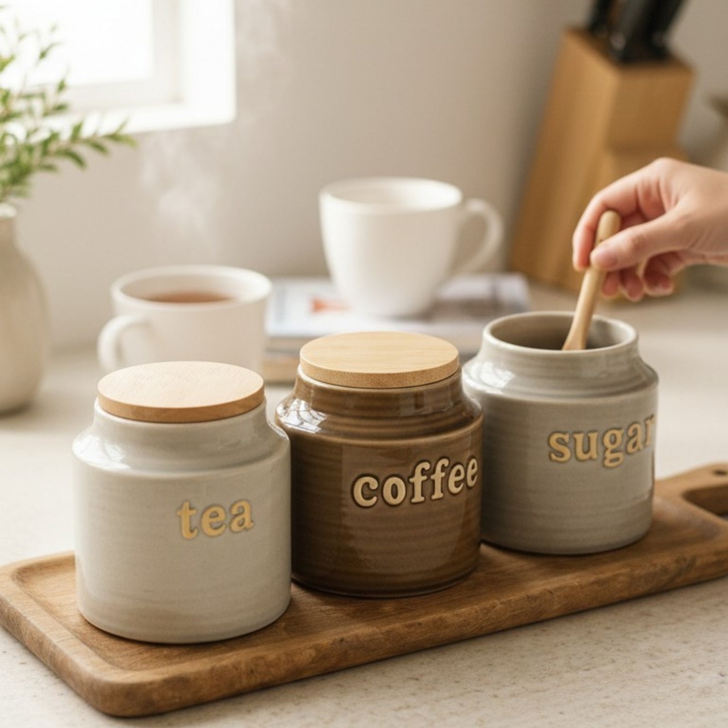 Embossed Ceramic Tea, Coffee & Sugar Canister Set (set of 3)