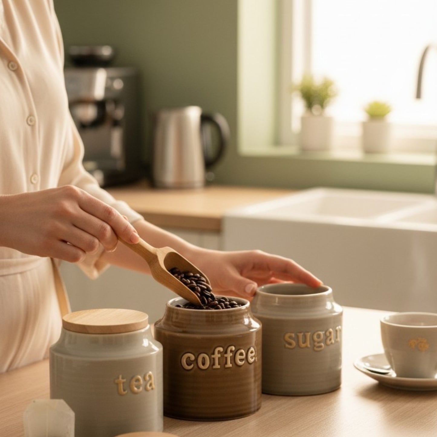 Embossed Ceramic Tea, Coffee & Sugar Canister Set (set of 3)