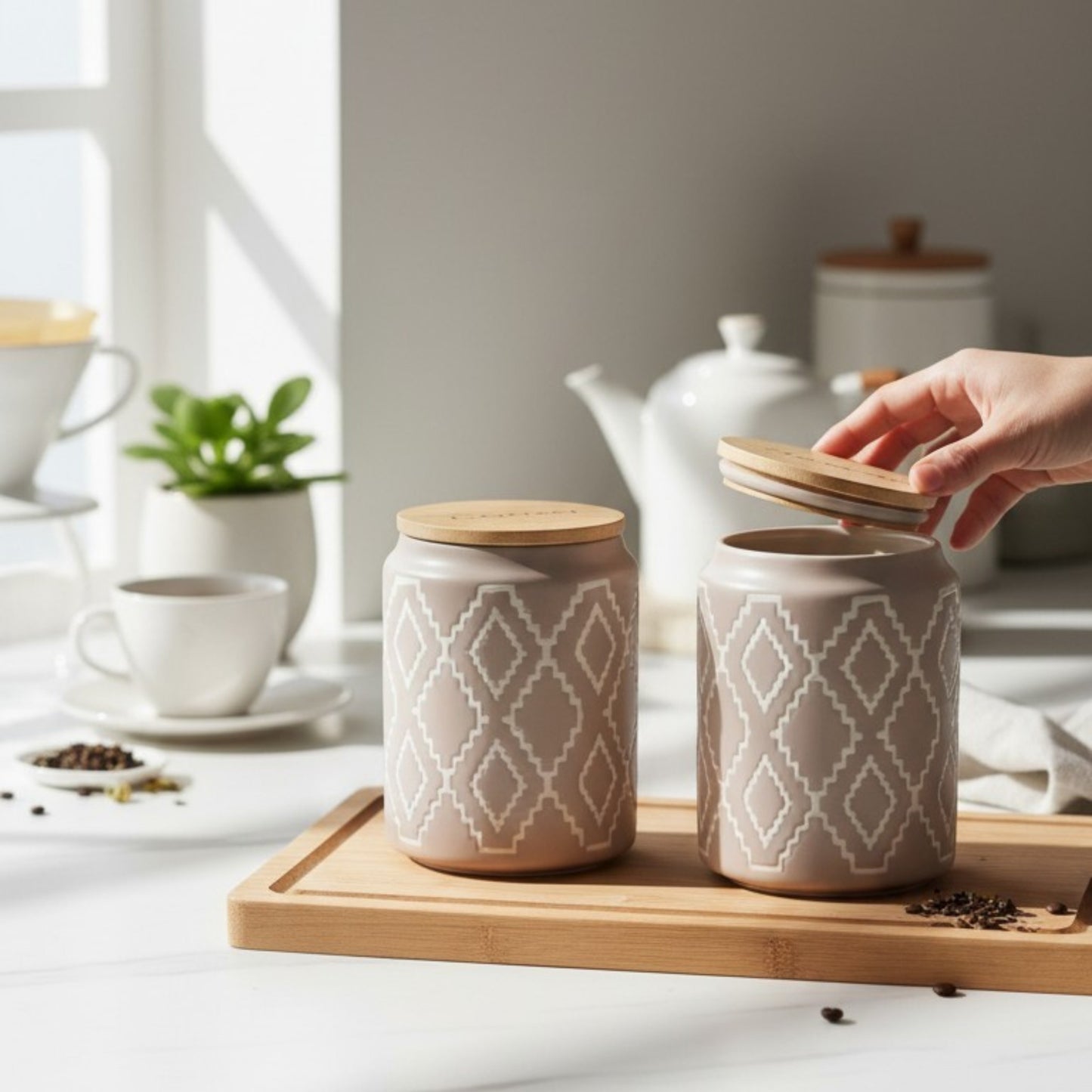 Geometric Taupe Ceramic Jar Set with Wooden Lids – Set of 3