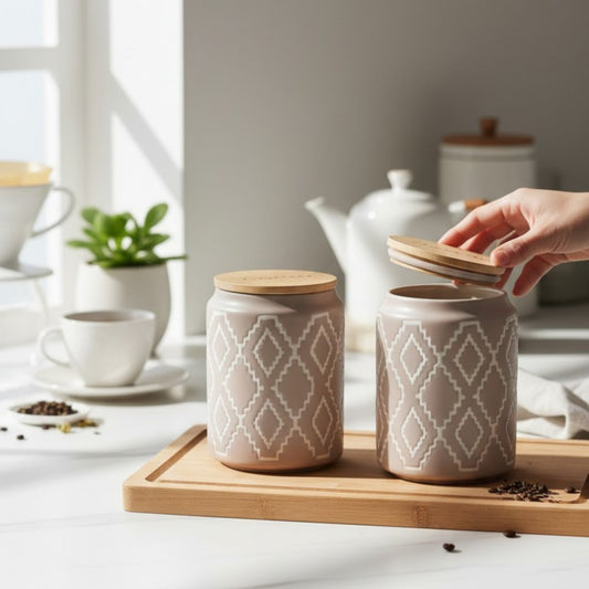 Geometric Taupe Ceramic Jar Set with Wooden Lids – Set of 3