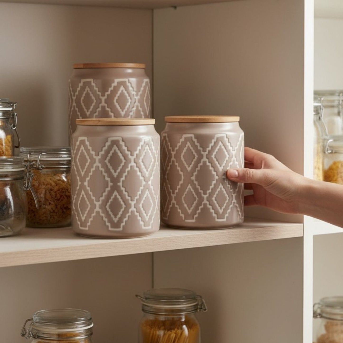 Geometric Taupe Ceramic Jar Set with Wooden Lids – Set of 3