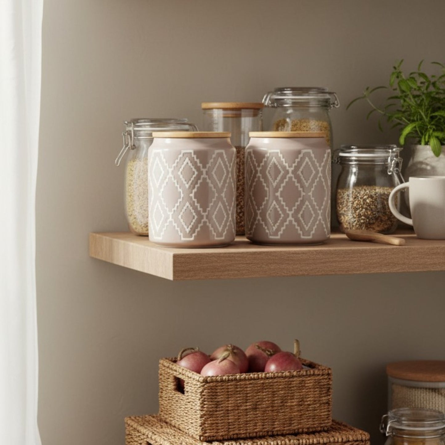 Geometric Taupe Ceramic Jar Set with Wooden Lids – Set of 3