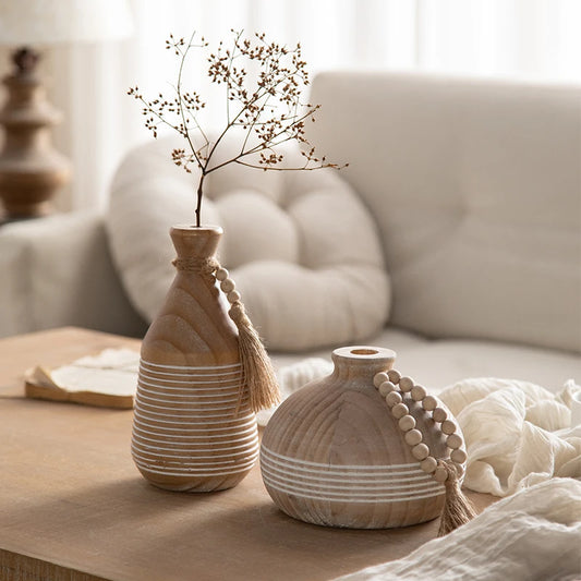 Decorative Wooden Vase Set with Beads and Tassels (11.5*11.5*23)