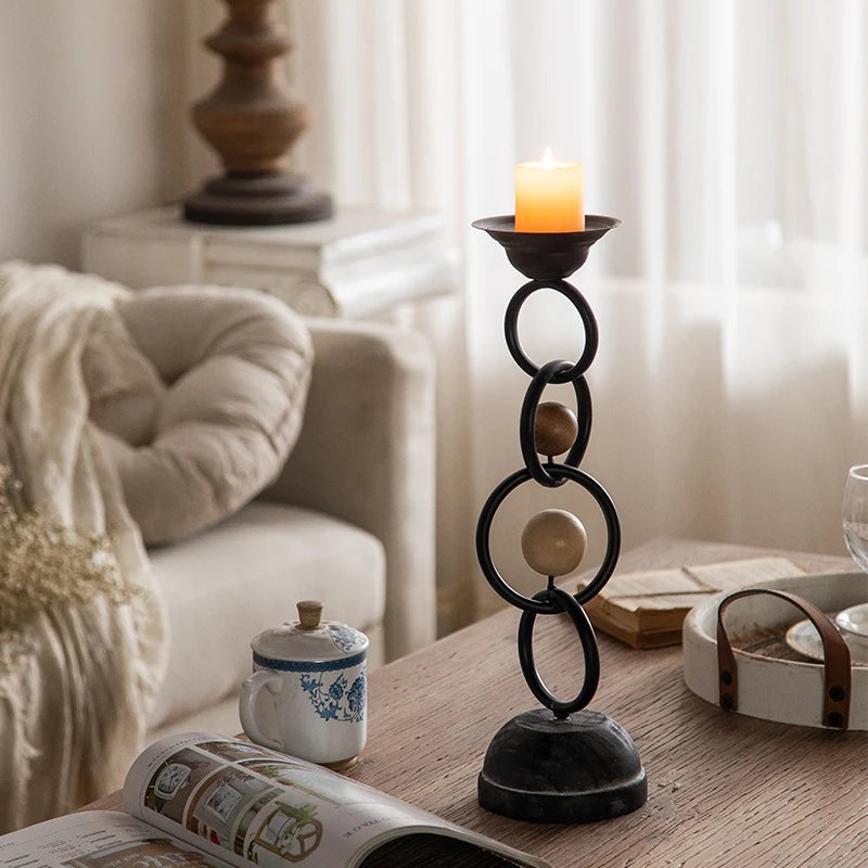 Sculptural Iron & Wood Pillar Candle Holder – Dual Orb Design