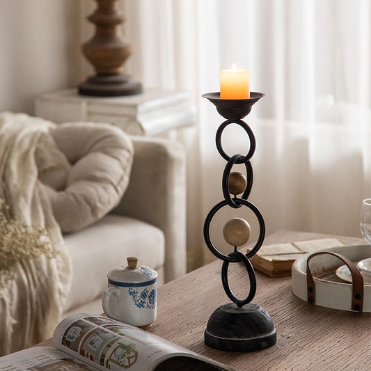 Sculptural Iron & Wood Pillar Candle Holder – Dual Orb Design