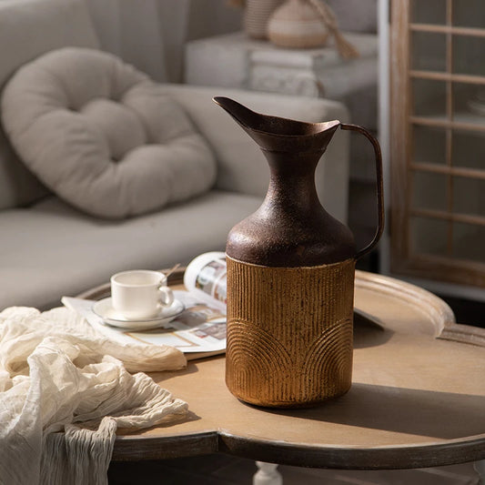 Tall Two-Tone Metal Jug Vase – Rustic Mustard & Bronze Finish