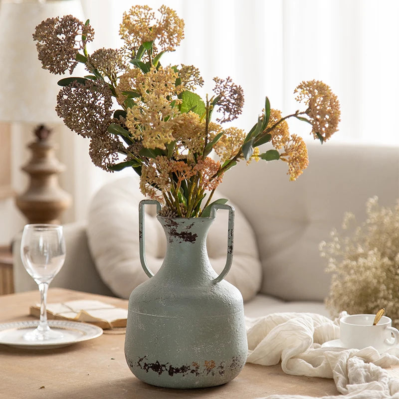 Vintage Distressed Metal Vase with Handles – Rustic Farmhouse Style
