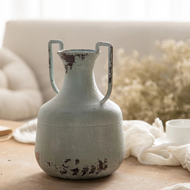 Vintage Distressed Metal Vase with Handles – Rustic Farmhouse Style