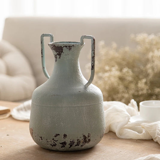 Vintage Distressed Metal Vase with Handles – Rustic Farmhouse Style
