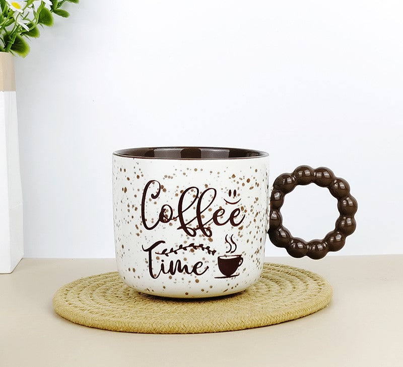 “Coffee Time” Speckled Ceramic Mugs with Bubble Handles