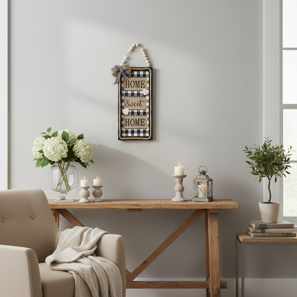 Hanging HOME SWEET HOME Plaque with Bow and Beads